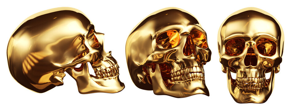 Golden skulls set, isolated with clipping path. 3d illustration