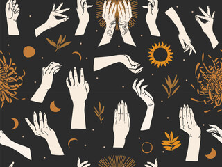 Hand drawn vector abstract flat stock graphic illustration sketch seamless pattern with human hands,chrysanthemum, mystic occult sun and moon phases,simple collage shapes isolated on black background