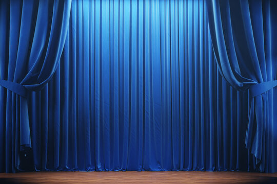Theater stage with blue curtains. 3d illustration
