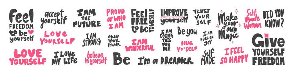 Vector hand drawn collection set of calligraphy lettering quotes and words. Pink and black color