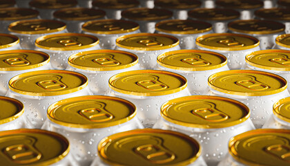 close-up background of soda cans with golden lid. top view.