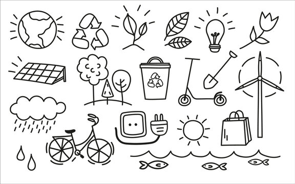 Set of ecology vector icons. Doodle vector eco illustration. Organic hand drawn elements. Recycling and saving the planet.