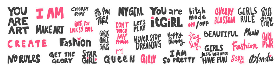 Vector hand drawn collection set of calligraphy lettering quotes and words. Pink and black color