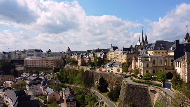 Flight over the city of Luxemburg - old town district - aerial photography