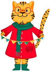 christmas tiger with a Christmas garland in his hands, the symbol of the year 2022 tiger