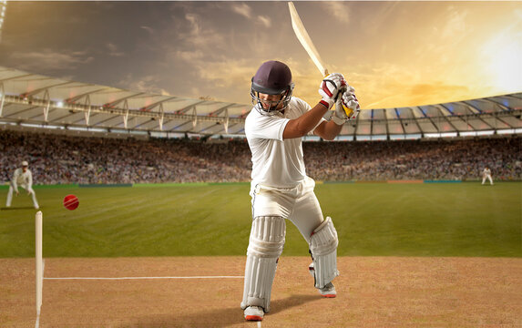 Cricketer, batsman hitting a shot. 	