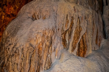 Mineral formation inside Damlatas cave in Alanya (Turkey), close-up. Abstract geological background