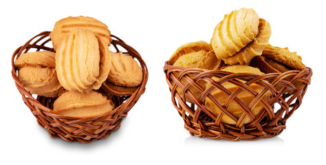 wicker vase with cake isolated on white background