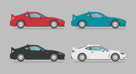 Vector sport cars. 
Cars of different colors. Side view. Cartoon cars in flat style.