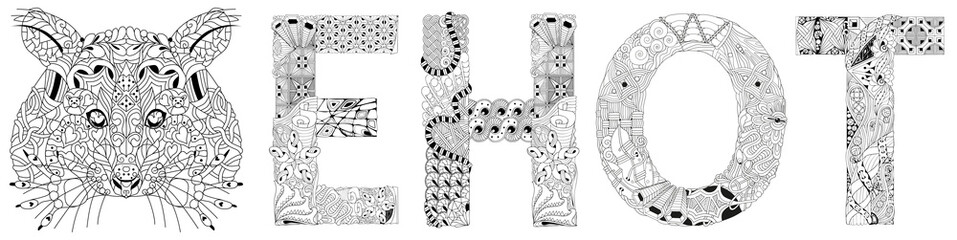 Raccoon in Russian. Zentangle stylized word for coloring on white background.