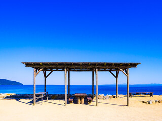 Beautiful Landscape of Sea or Ocean with A Bench, Shodo Island in Kagawa Prefecture in Japan, Natural or Travel Image, Nobody