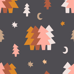 Magical Scandinavian Christmas starry night forest vector seamless pattern. Abstract pine tree star crescent shapes modern abstract background. Nocturnal geometric graphic design