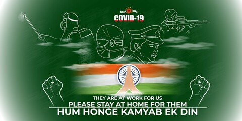 vector illustration for COVID -19 campaign poster with our real heroes , illustration is showing our guardian working continuously in deadly corona virus outbreak with requesting hand on Indian flag
