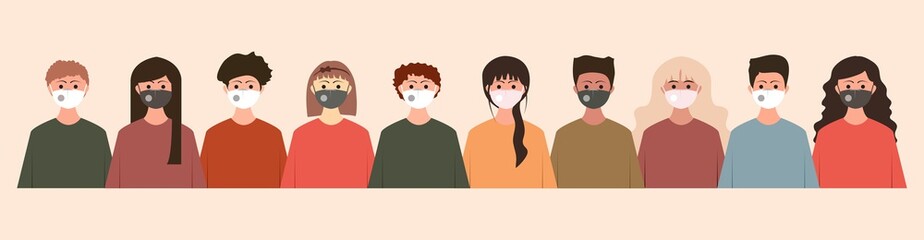 Group of people wearing medical masks to prevent disease, flu, coronavirus, covid-19, air polution, contaminated air, and world polution. Vector illustration, seamless pattern in modern flat style.