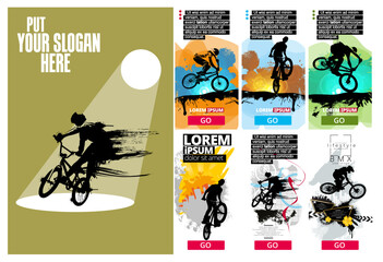Active young men doing tricks on a bicycle, extreme sport concept. Sport background ready for poster or banner, vector