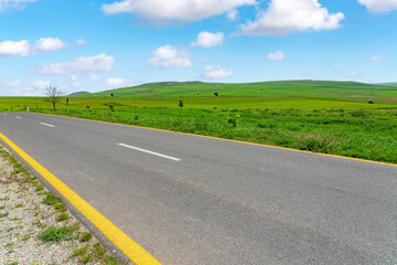 Asphalt road between green farm fields with blue sky and clouds