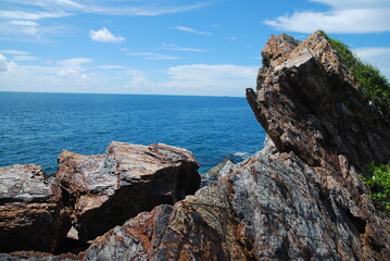 Landscape view of seascape clearly blue sea and Limestone hill on the sea summer season at koh kham beach chonburi thailand 