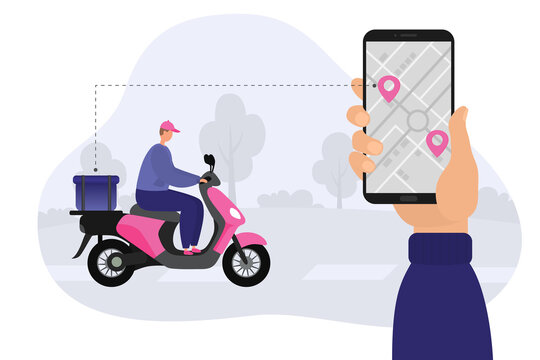 Delivery, a courier on a motorcycle. Hand with phone, route