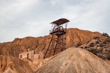 Castle of access to an old mining shaft of the Abandoned Mines of Mazarrón. Murcia region. Spain