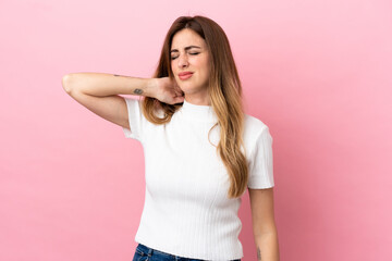 Caucasian woman isolated on pink background with neckache