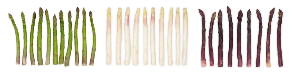 Papier Peint photo autocollant Légumes frais Asparagus group of healthy vegetables organized in a row isolated on a white background. Purplem green and white asparagus.