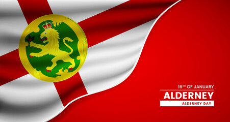 Abstract Alderney day background with elegant fabric flag and typographic illustration