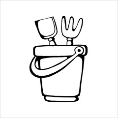 Vector image of a children's toy sandbox bucket, scoop, rake