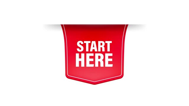 Start here red ribbon in flat style on white background. Motion graphics.