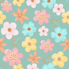 Colorful flower on green background seamless pattern.