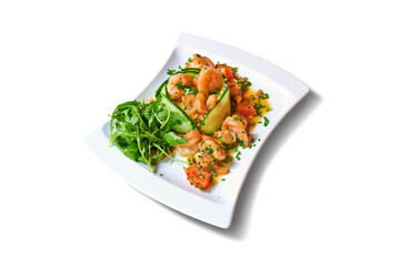 Pub food. Shrimp salad isolated on white