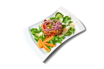 Pub food. Plate of Beef salad isolated on white
