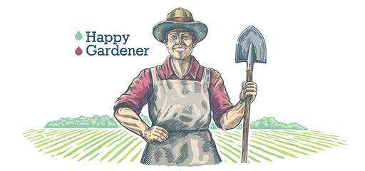 Happy gardener, holds a shovel in his hands. Illustration in engraving style.