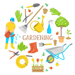 Collection of garden tools and plants arranged in a circle shape. Garden and spring set, hand-drawn elements. Colorful vector illustration on a white background.