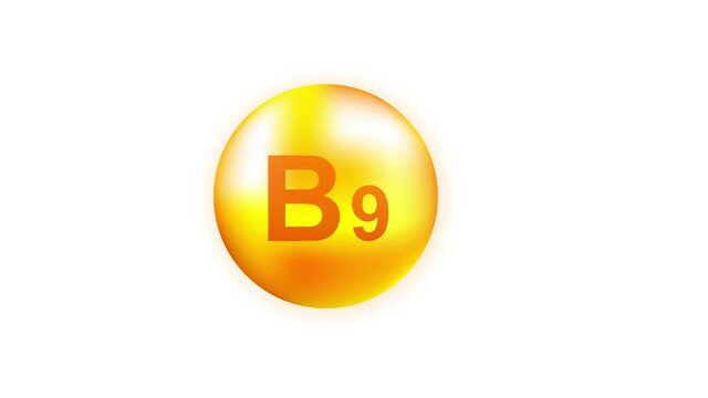 Vitamin B9 with realistic drop on gray background. Particles of vitamins in the middle. Motion graphics.