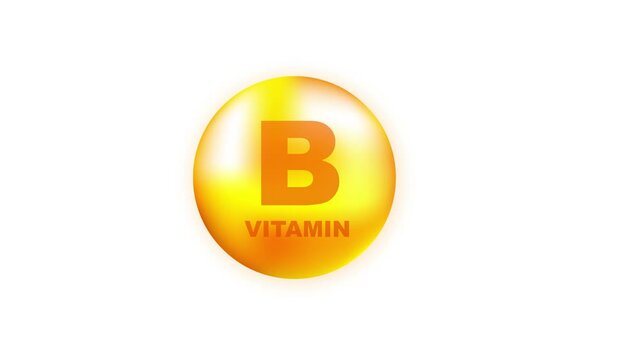 Vitamin B with realistic drop on gray background. Particles of vitamins in the middle. Motion graphics.