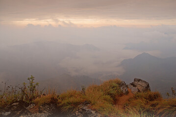 Landscape Nature scene landscape of Fog and Misty in the valley with light of sunrise in the morning of winter season at Phu Chi Fa , Chiangrai , Thailand 