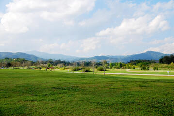 Fototapeta na wymiar Nature scene of Green Grass Parks with Cloud blue sky background at singha parks , chiang rai , thailand