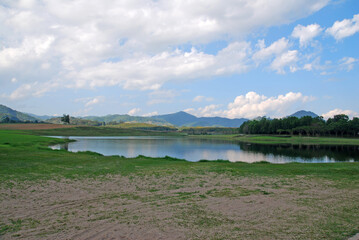 Tranquil scene Landscape of lake with mountain background and reflection of mountain and cloud sky...