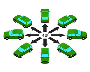 Rotation of the station wagon car by 45 degrees. Estate car in different angles in isometric.