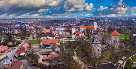 Aerial view of beautiful city of Cesis in Latvia. View on the city center, main city church and ruins of ancient Livonian castle in old town of Cesis, Latvia