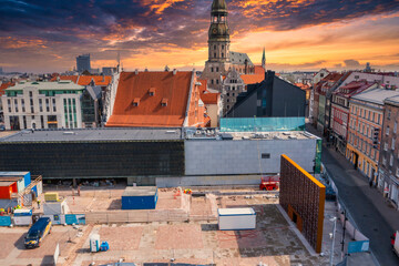 Beautiful aerial view of the Riga center with the Museum of the Occupation of Latvia being renovated.