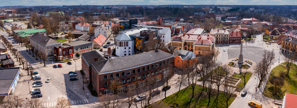 Aerial view of beautiful city of Cesis in Latvia. View on the city center, main city church and ruins of ancient Livonian castle in old town of Cesis, Latvia