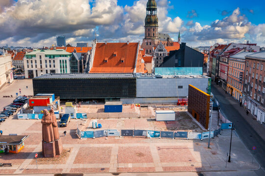 Beautiful Aerial View Of The Riga Center With The Museum Of The Occupation Of Latvia Being Renovated.