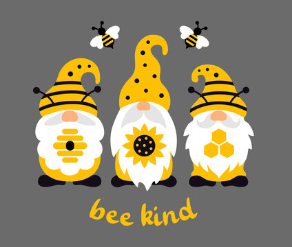Bee gnomes with quote: bee kind. Summer vector illustration. Cute gnomes beekeepers keep a beehive, honeycomb and sunflower. Funny scandinavian characters in cartoon style.