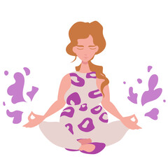Blond Pregnant Girl id doing Yoga in a Thoughtful Meditation Pose. Vector illustration isolated on white background with minimalistic floral decoration.