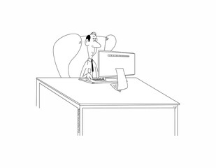 Funny cartoon bald man or nerd guy sit in chair at desk working on computer. Funny male clerk or professor with tie look at monitor.Vector illustration like sketch in black and white