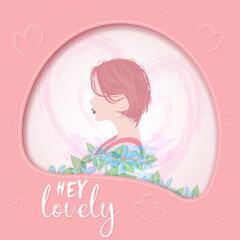 Girl Face Silhouette with flowers. Colorful vector illustration. Spring-Summer-Autumn Composition in Paper Cut out Style