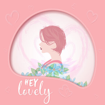 Girl Face Silhouette with flowers. Colorful vector illustration. Spring-Summer-Autumn Composition in Paper Cut out Style
