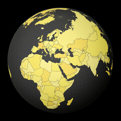 Lebanon on dark globe with yellow world map. Country highlighted with blue color. Satellite world projection centered to Lebanon. Appealing vector illustration.