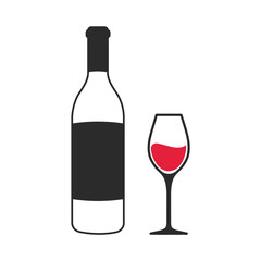 Wine bottle and wine glass icon with red liquid inside Isolated on white background.